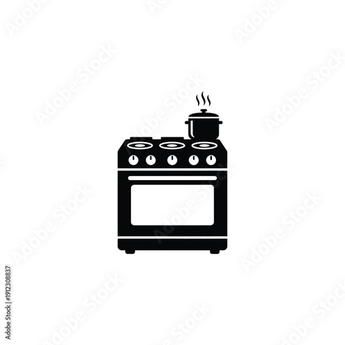 Black silhouette of kitchen stove with cooking pot on top and steam rising