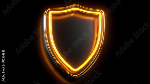 Orange and yellow neon light shield icon. Vibrant colored technology symbol, isolated on a black background. 3D Render