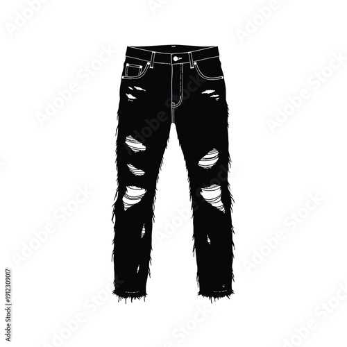 Black silhouette of ripped jeans with frayed edges and holes in fabric