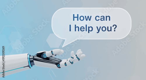 White robotic hand with blue accents extends an open palm, offering assistance with a speech bubble displaying "How can I help you?" against a subtle blue gradient background with faint