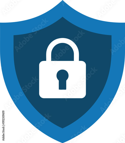 A blue shield with a white padlock representing security and protection