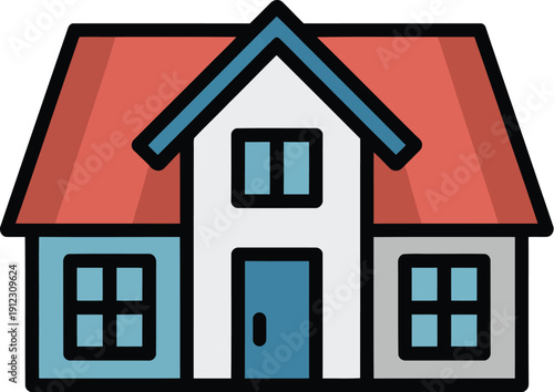 A cartoon house with a red roof and blue door on a white background