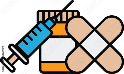 A medical illustration of a syringe, band aid, and medicine bottle.