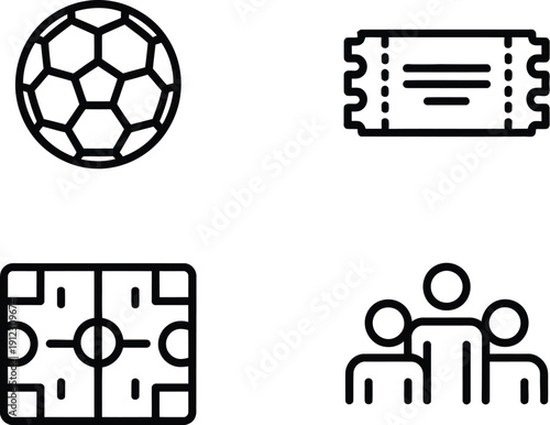 A soccer ball and ticket icons with a stadium and fans illustration