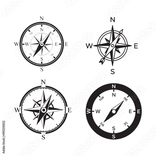 Four different compass silhouette illustrations for navigation and orientation