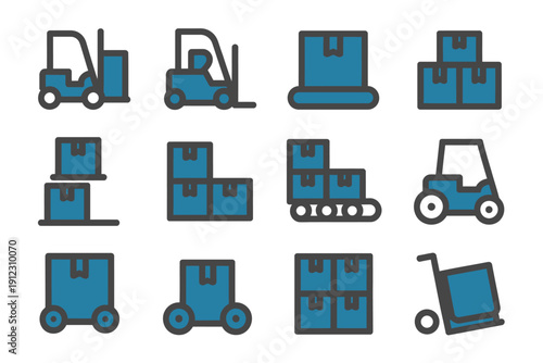 A collection of blue icons depicting various warehouse and shipping vehicles