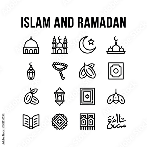 A collection of Islamic and Ramadan-themed icons, including mosques, a crescent moon, dates, lanterns, prayer beads, and Arabic calligraphy, presented in a clean, linear graphic style.