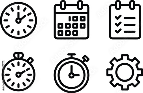 A collection of time management icons on a white background