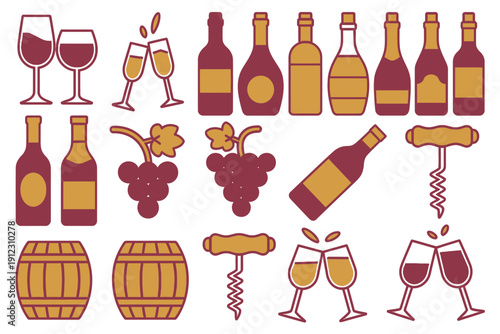 A collection of wine and grape icons in a simple graphic style