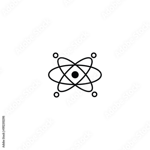 Minimalist black atom science icon with core nucleus and multiple orbital rings representing energy and physics