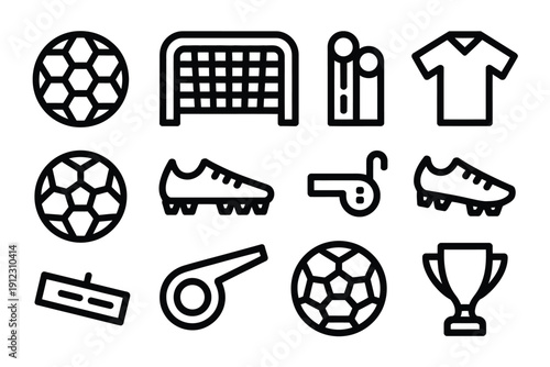 A collection of soccer icons on a white background for design
