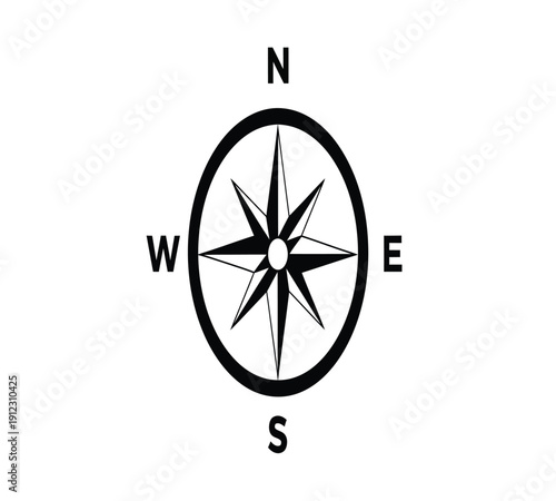 A black and white image of a compass with north south east and west directions