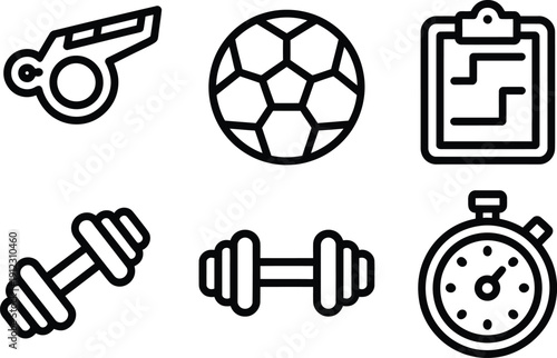A collection of sports icons including a whistle, soccer ball, and dumbbells