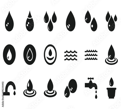Collection of various water and flame icons in black silhouette on white background