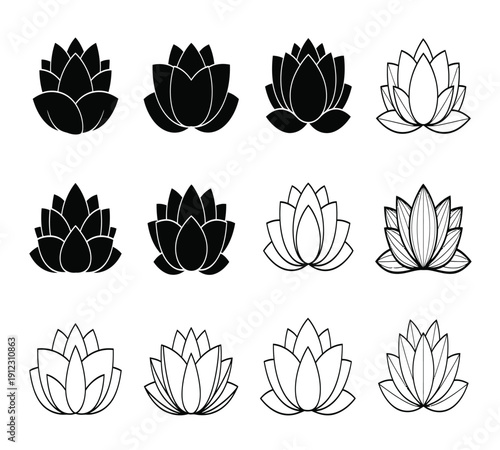 A collection of 12 black and white lotus flower illustrations in various line art styles and shading techniques