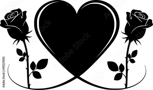 Minimalist Black Heart and Rose Silhouette Vector Illustration for Valantine 