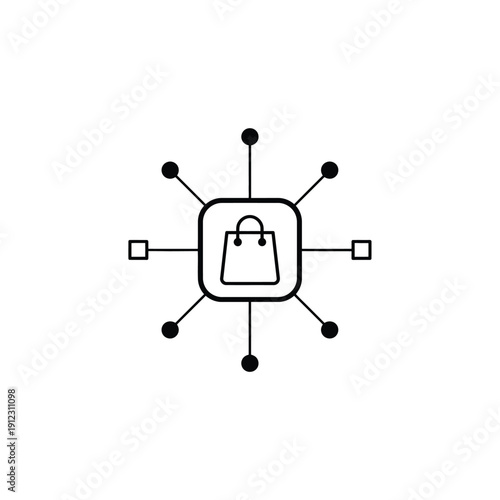 Shopping bag icon connected to circles and squares representing e-commerce and retail systems