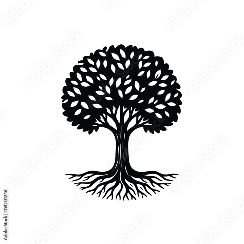 Silhouette of leafy tree of life with detailed branches and underground root system in circular shape