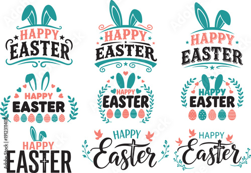 Happy easter typography vector set with bunny ears, easter eggs and floral wreath for greeting card, poster and banner design