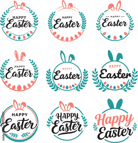 Happy easter typography vector set with bunny ears, easter eggs and floral wreath for greeting card, poster and banner design