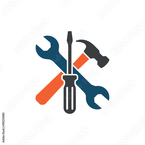 A logo featuring crossed tools including a wrench, hammer, and screwdriver on a white background.