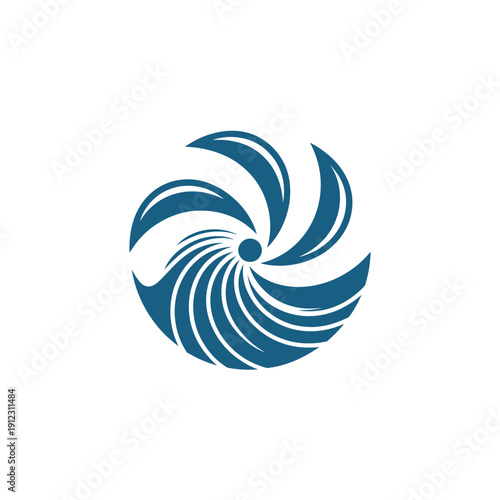 A stylized blue logo resembling a spiral or a whirlpool on a white background