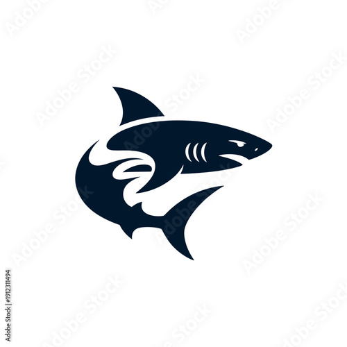 A stylized illustration of a shark swimming in a dynamic motion.