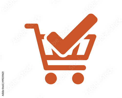 An orange shopping cart icon with a checkmark on a white background