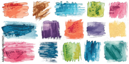 An artistic set of colorful green watercolor paint brush strokes and ink splash stains creates a vibrant vector pattern with a grunge drawing texture on paper for an elegant design element.