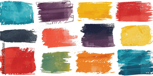 Set of colorful green and yellow watercolor paint brush strokes with artistic ink splash textures and grunge stain elements for a decorative vector paper design illustration.