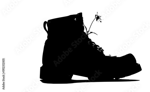 Industrial work boot with small flower silhouette, tender shift and emotional resilience concept, strength and vulnerability in workspace vector icon