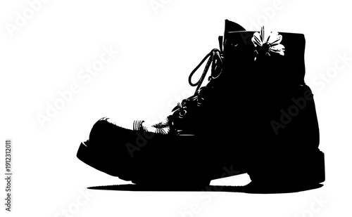 Industrial work boot with small flower silhouette, tender shift and emotional resilience concept, strength and vulnerability in workspace vector icon