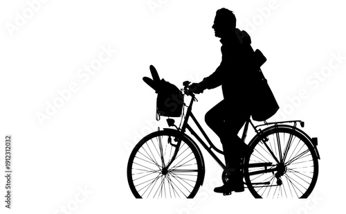 Person riding vintage bicycle with baguette and newspaper silhouette, local flavor and european heritage lifestyle, regional culture and daily ritual vector