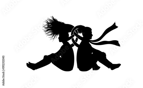 People sitting back to back with intertwined hair silhouette, connectioneering and human bonds concept, community unity and emotional relationship vector