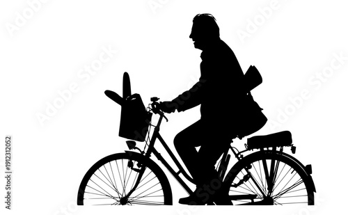 Person riding vintage bicycle with baguette and newspaper silhouette, local flavor and european heritage lifestyle, regional culture and daily ritual vector