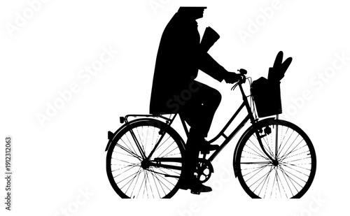 Person riding vintage bicycle with baguette and newspaper silhouette, local flavor and european heritage lifestyle, regional culture and daily ritual vector