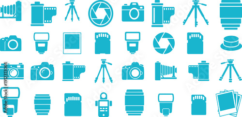 Set of vector web icons for business and office use featuring symbols like camera and home