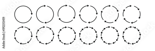 Flat vector illustration of circular arrow icons showing rotation, cycle process, refresh loop, continuous flow and recycling direction symbols for design