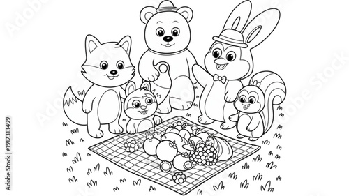 Colorful cartoon forest animal friends gathering isolated on transparent background.