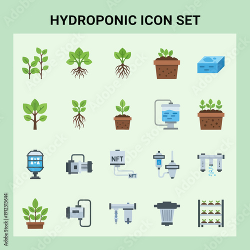 Hydroponic System Icons with Plants and Equipment.