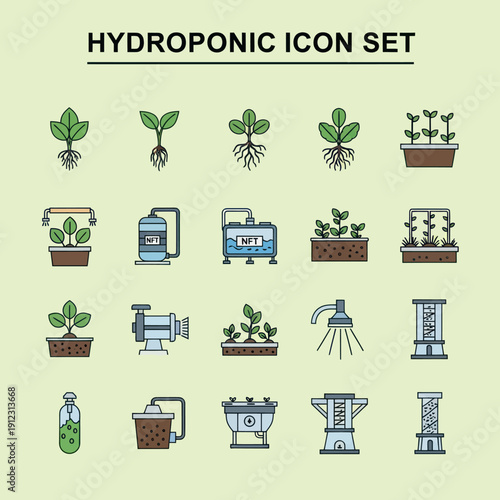 Hydroponic System Icons Set for Agriculture.