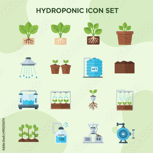 Hydroponic System Icons with Various Components.