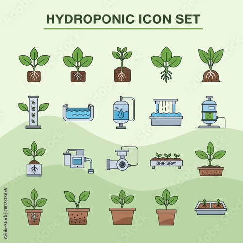 Hydroponic System Icons for Agriculture Technology.