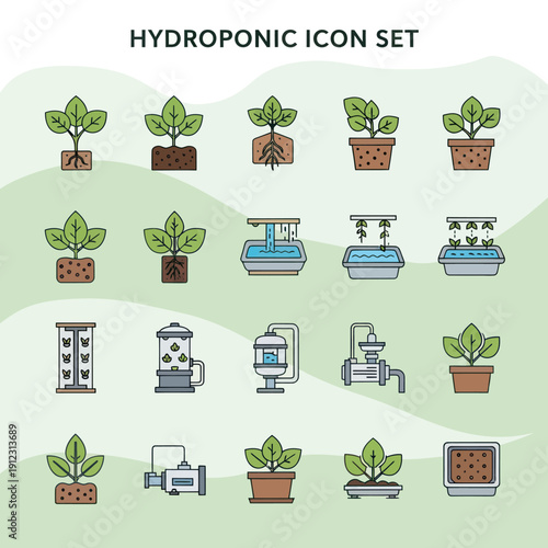 Hydroponic System Icons Set Vector Illustration.