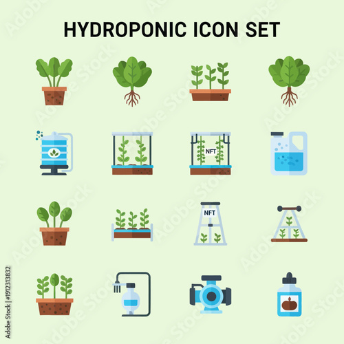 Hydroponic System Icons with Plants and Equipment.