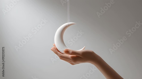 Elegant hand holding a crescent moon against a minimalist background