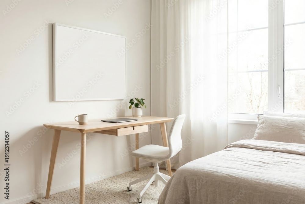 Fototapeta premium A bright, minimalist bedroom or home office with a wooden desk, white chair, and a blank frame mockup.