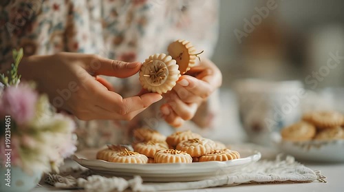 Woman arranging homemade cookies on a rustic kitchen table