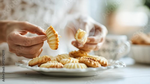Close-up of hands arranging homemade cookies on a plate in cozy kitchen