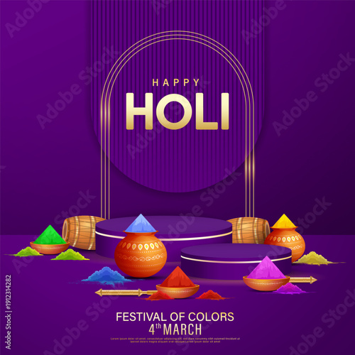 Happy holi festival poster template design with holi powder color pots on purple  background.